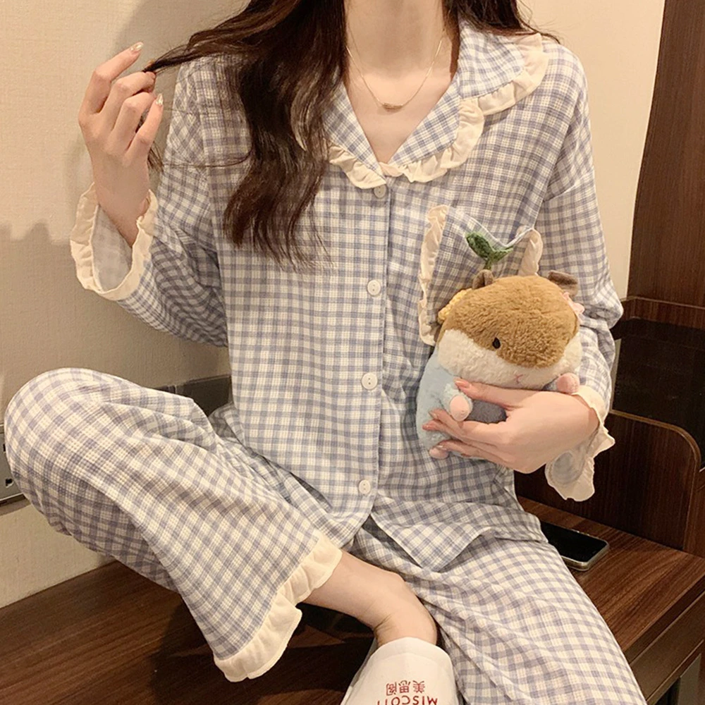 2024新蓝色格子公主风华夫格睡衣女秋季棉长袖长裤大码家居服春秋