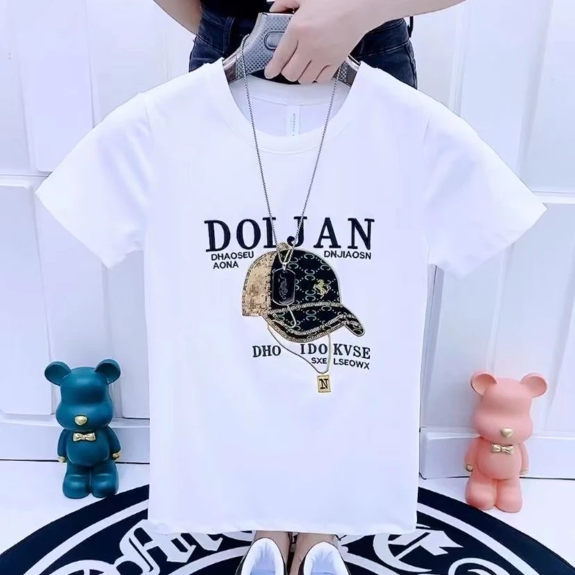 男士网红夏季轻奢潮流时尚帽子刺绣短袖T恤修身圆领个性半袖上衣