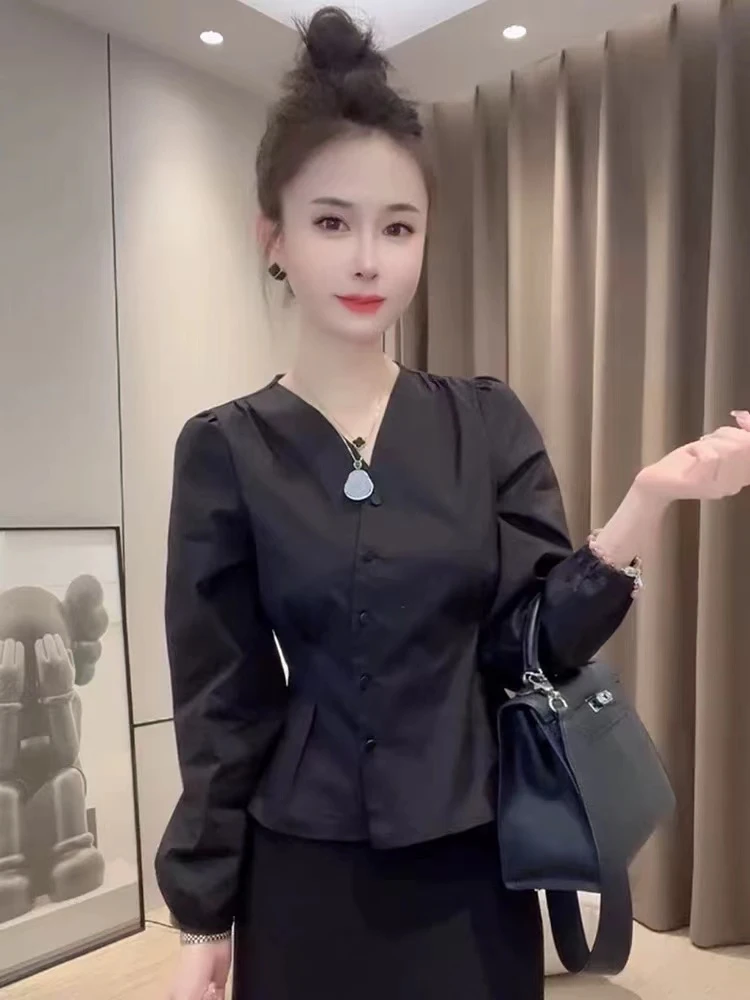 11185百搭洋气系扣收腰百搭减龄时尚设计感纯色长袖小众显瘦衬衫