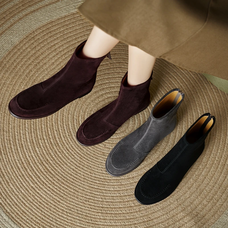 短靴女2025年新款秋冬单靴子后拉链复古百搭舒适加绒平底时装靴女