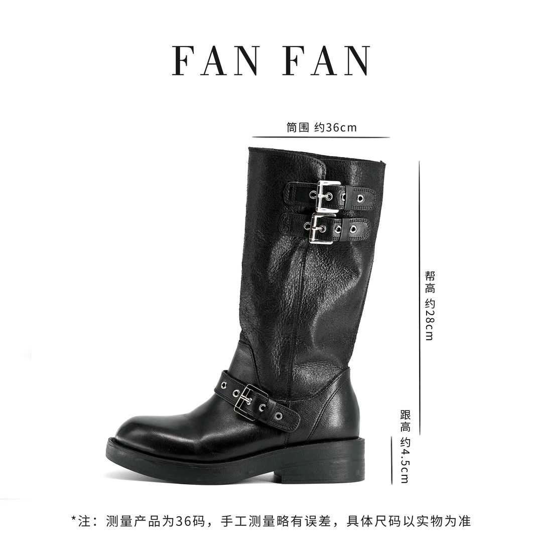【小刚懂鞋】2024秋冬真皮骑士高筒女靴黑色羊皮百搭手工皮靴6556-6