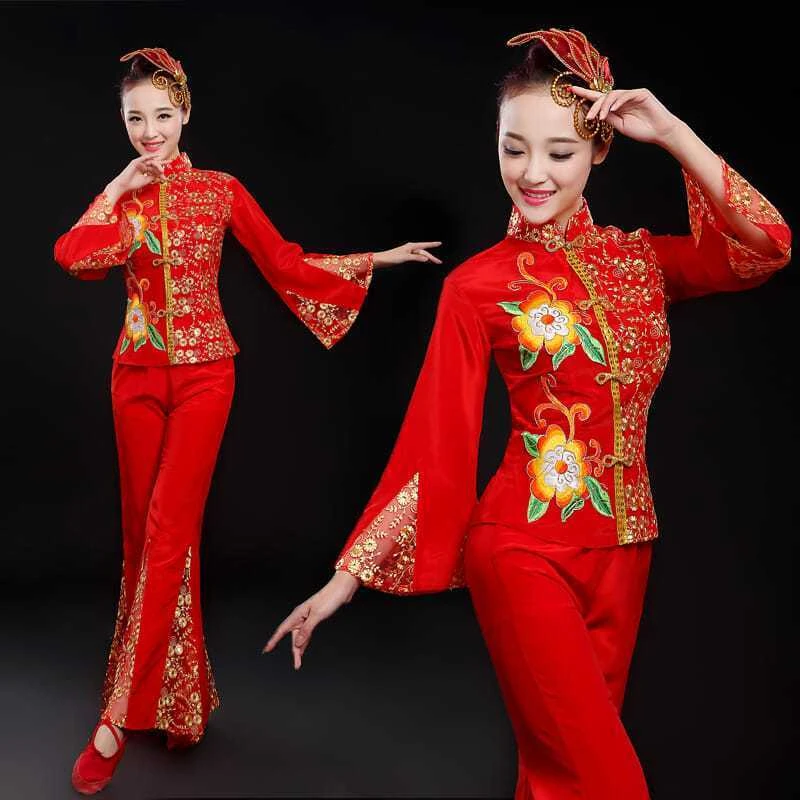 广场舞套装中老年扇子舞新款秧歌服舞蹈服装民族演出服成人腰鼓服