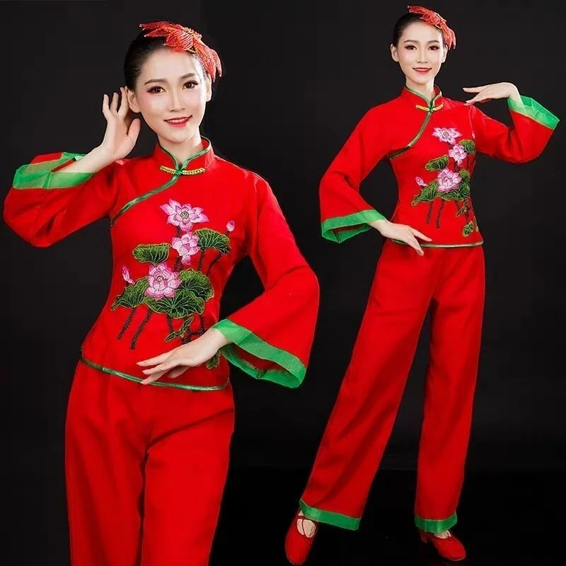 大花广场舞套装新款中老年腰鼓舞蹈演出服装古典扇子舞表演服女