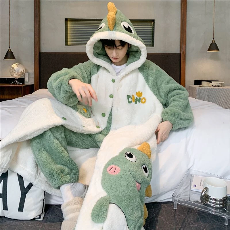 睡衣男冬季睡袍中厚款珊瑚绒长款卡通青少年保暖法兰绒浴袍家居服