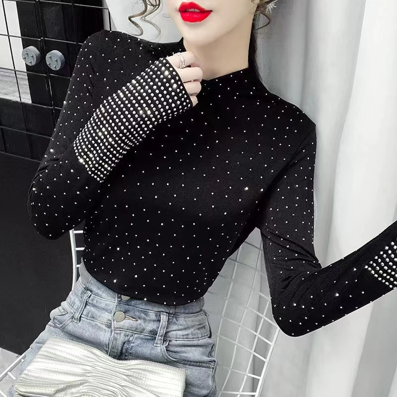 【星空双款式】半高领打底衫女内搭秋冬新款时尚烫钻上衣修身显瘦