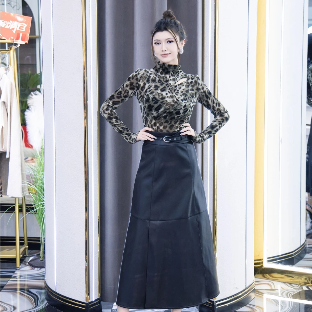 豹纹上衣皮裙套装082