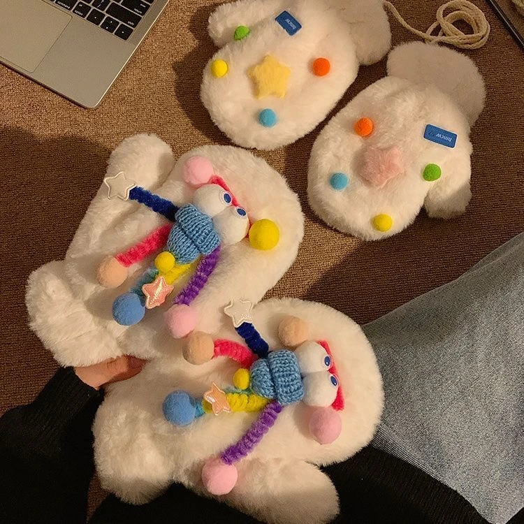 可爱丑萌毛绒连指手套女冬季卡通加厚保暖毛茸茸挂脖学生骑车防寒