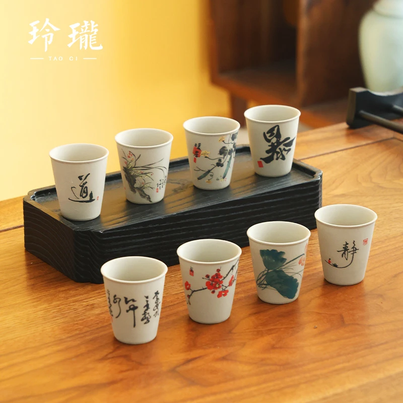 德化云仓 复古陶瓷老陶泥蜻蜓红梅主人杯（8个装）茶杯品茗杯-4270