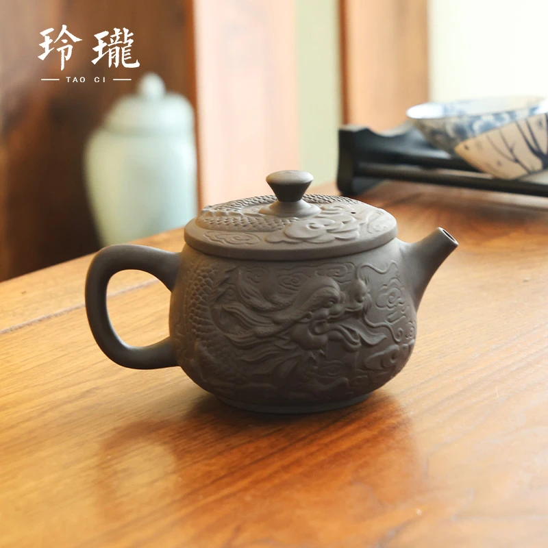德化云仓 黑泥浮雕龙腾盛世凤鸣壶家用大容量精工泡茶壶-4213