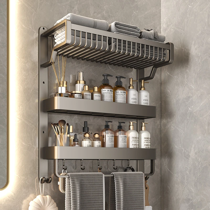 卫生间置物架浴室厕所网篮毛巾架子免打孔洗手洗澡间浴巾架三层