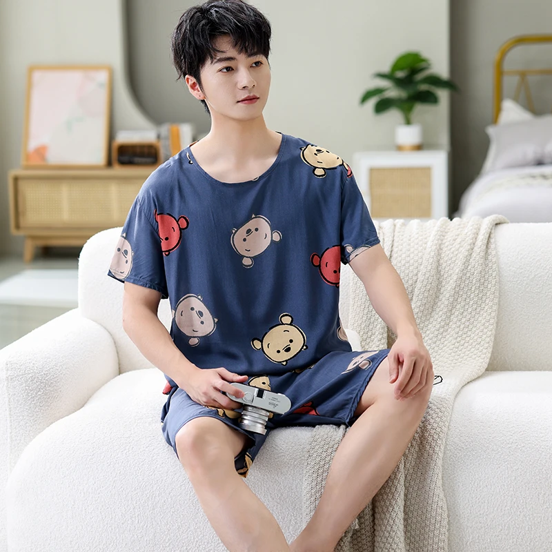 24新款棉男士棉绸睡衣夏季人造棉家居服空调服套装绵绸休闲两件套