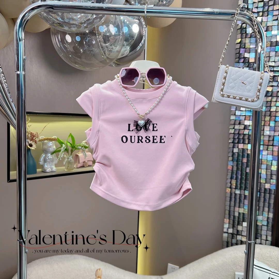 女童2024夏季新款4223百搭小飞袖字母无袖圆领纯色上衣