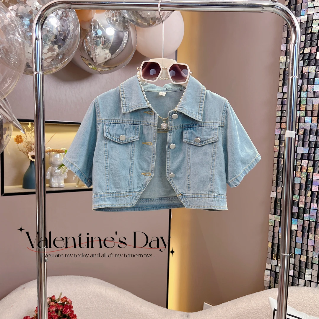 DURBEYQI/朵贝奇女童夏季新款韩版气质牛仔翻领短袖外套4364