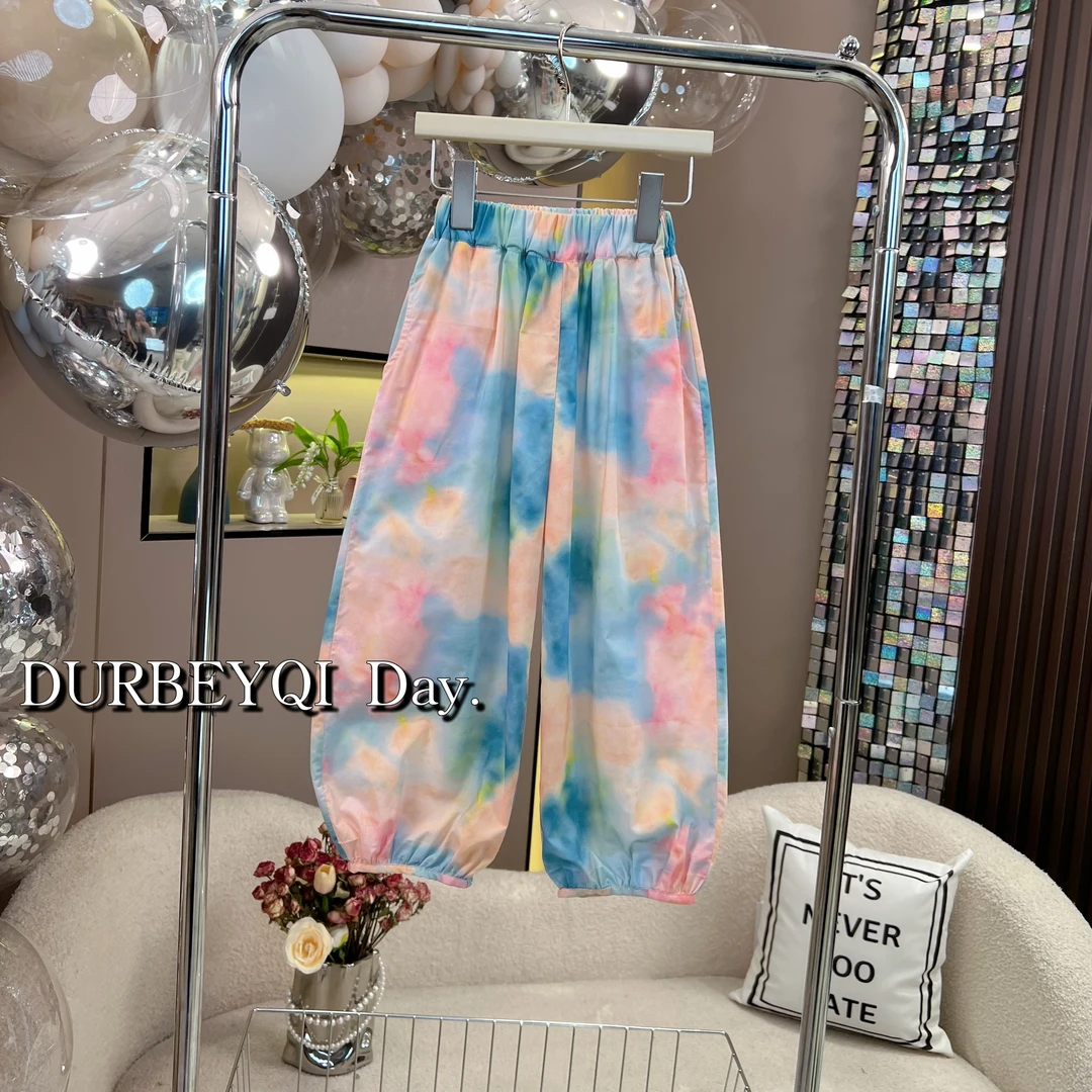 DURBEYQI/朵贝奇女童夏季新款油画系列高腰韩版松紧腰休闲裤4511