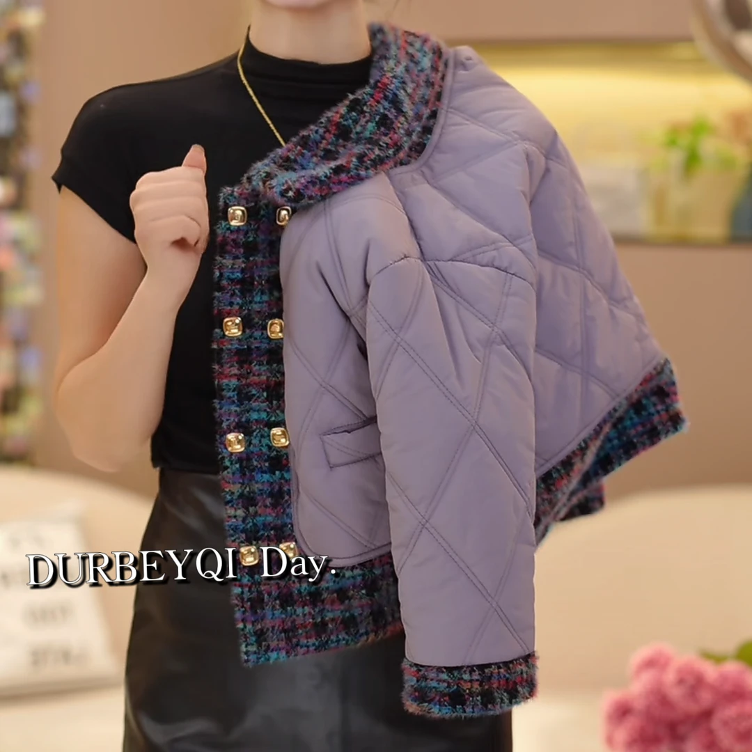 DURBEYQI/朵贝奇女童2025冬季韩版加绒夹棉拼接格子外套4921