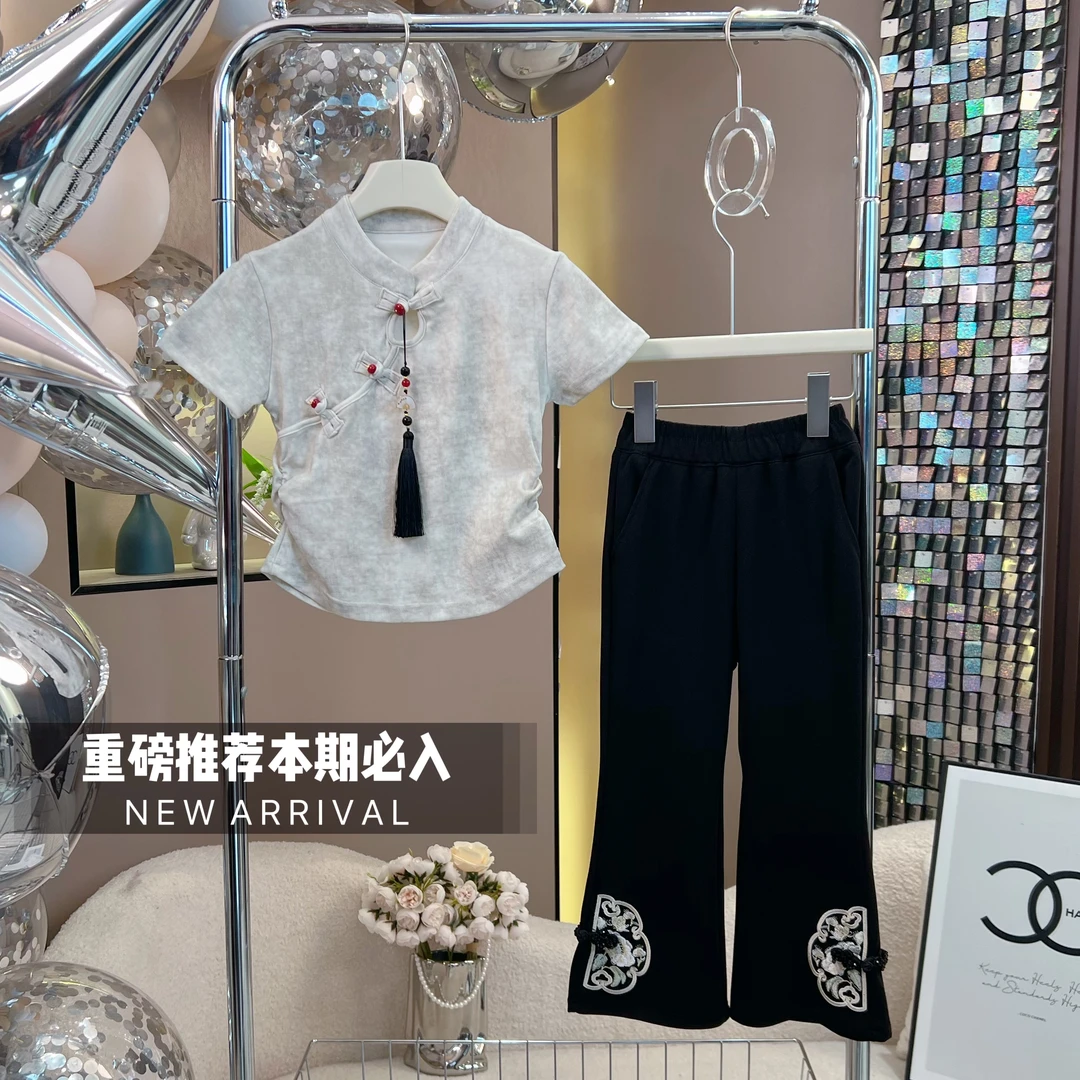 女童2024夏季新款4099复古中国古风旗袍短袖扣微喇裤套装