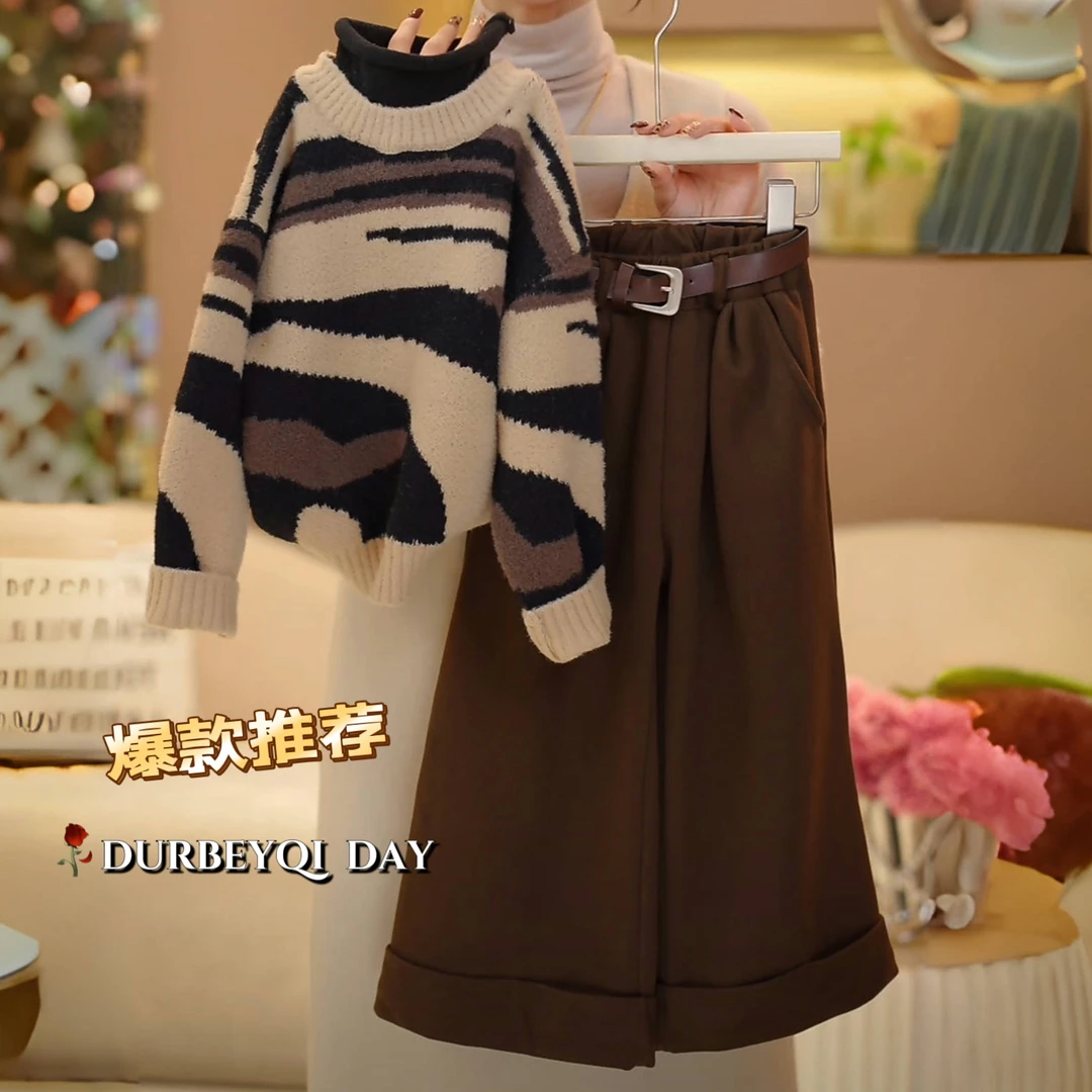 DURBEYQI/朵贝奇女童2025冬季韩版复古气质毛衣加绒长裤套装4935