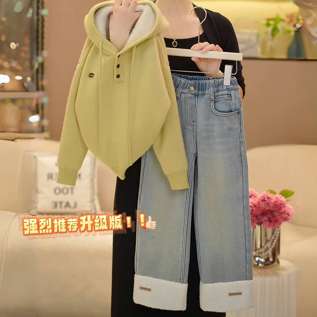 DURBEYQI/朵贝奇女童2025冬季韩版加绒连帽百搭纯色毛衣4991