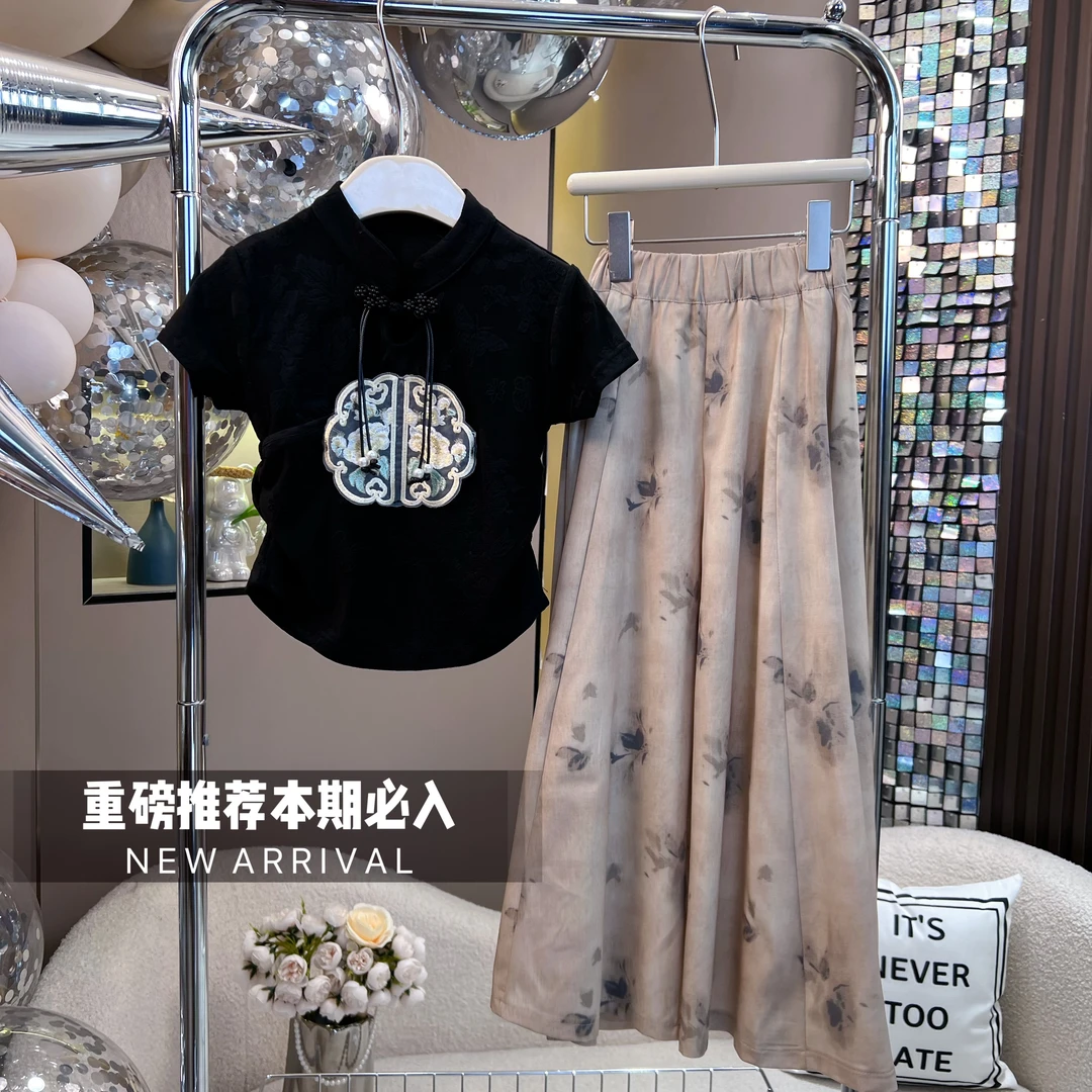 女童2024夏季新款4130复古新中式盘扣短款长裤复古气质套装