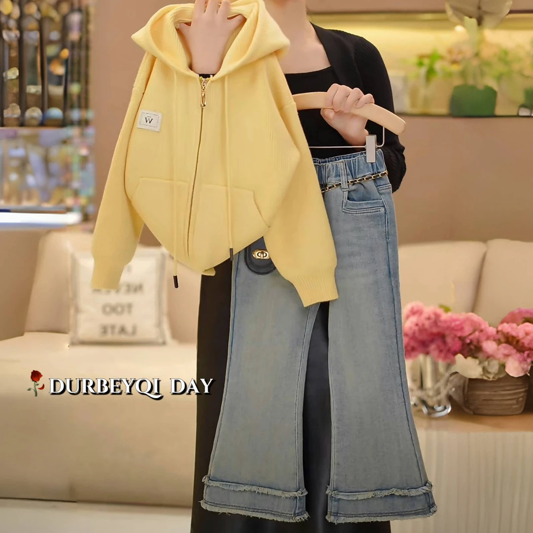 DURBEYQI/朵贝奇女童2025冬季韩版连帽纯色毛衣拉链针织4982