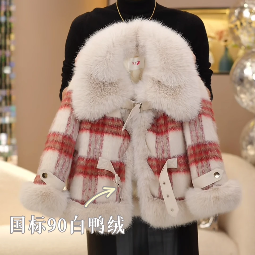 【卡柏定制】3941【90白鸭绒】女童冬季新款格子百搭翻毛领甜系羽绒服