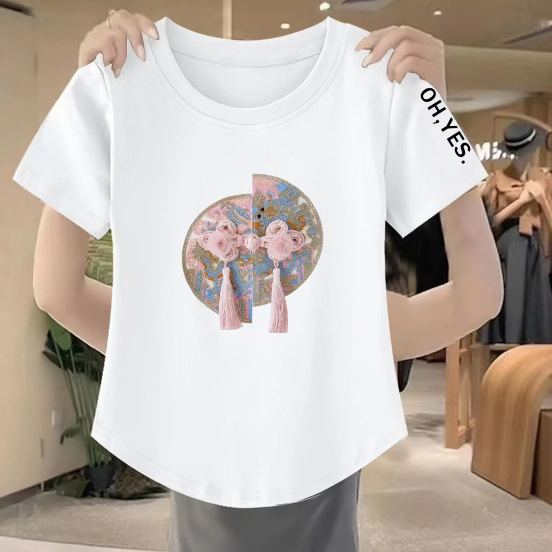 新中式纯棉短袖t恤女2024夏季高级圆领国风印花小众时尚百搭上衣