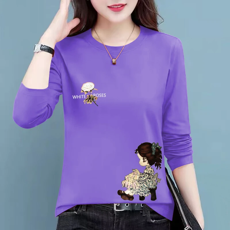 春季新款棉长袖t恤女早秋薄款洋气小个子圆领上衣修身显瘦打底衫