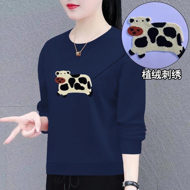 2024秋冬季时尚百搭长袖卫衣女设计感毛巾绣图案小众特色洋气上衣