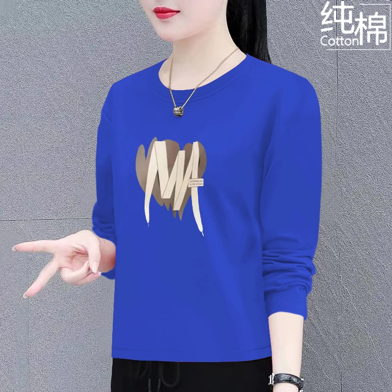 纯棉长袖t恤女装春秋季2024新款宽松显瘦百搭圆领韩版打底上衣潮