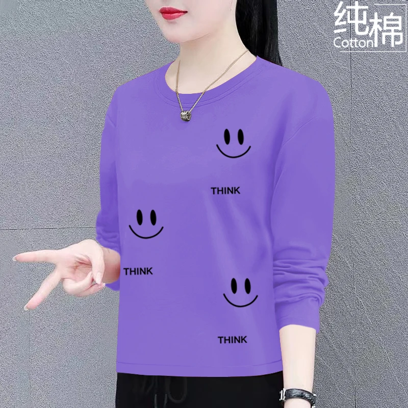 纯棉长袖t恤女春秋季新款宽松遮肚显瘦打底衫洋气时尚圆领上衣潮