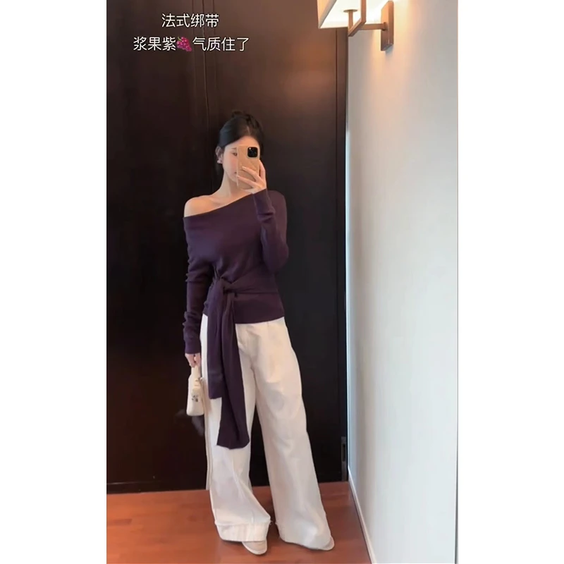 法式气质不规则斜肩长袖针织上衣女2024秋季穿搭休闲裤两件套