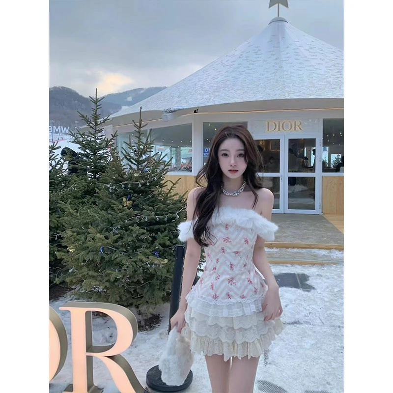 纯欲风辣妹毛绒拼接抹胸上衣女冬季氛围感百搭短款半身裙两件套装