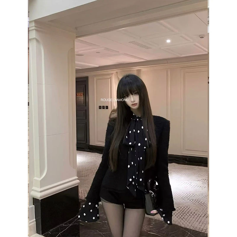rose风格高级感外套黑白波点蝴蝶结飘带喇叭袖衬衫上衣/短裤套装