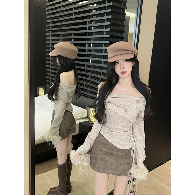 美式复古设计感亮片花朵不规则性感一字肩毛毛上衣半身裙两件套