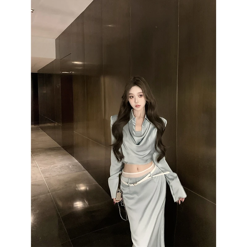 2024秋新品蓝色辣妹套装裙修身性感上衣设计感小众拼接长裙两件套