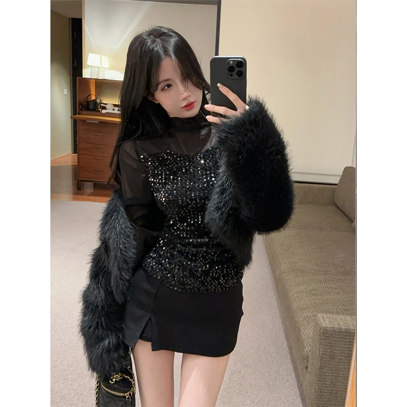 高级感法式毛毛外套网纱拼接亮片性感修身显瘦上衣半身裙裤三件套