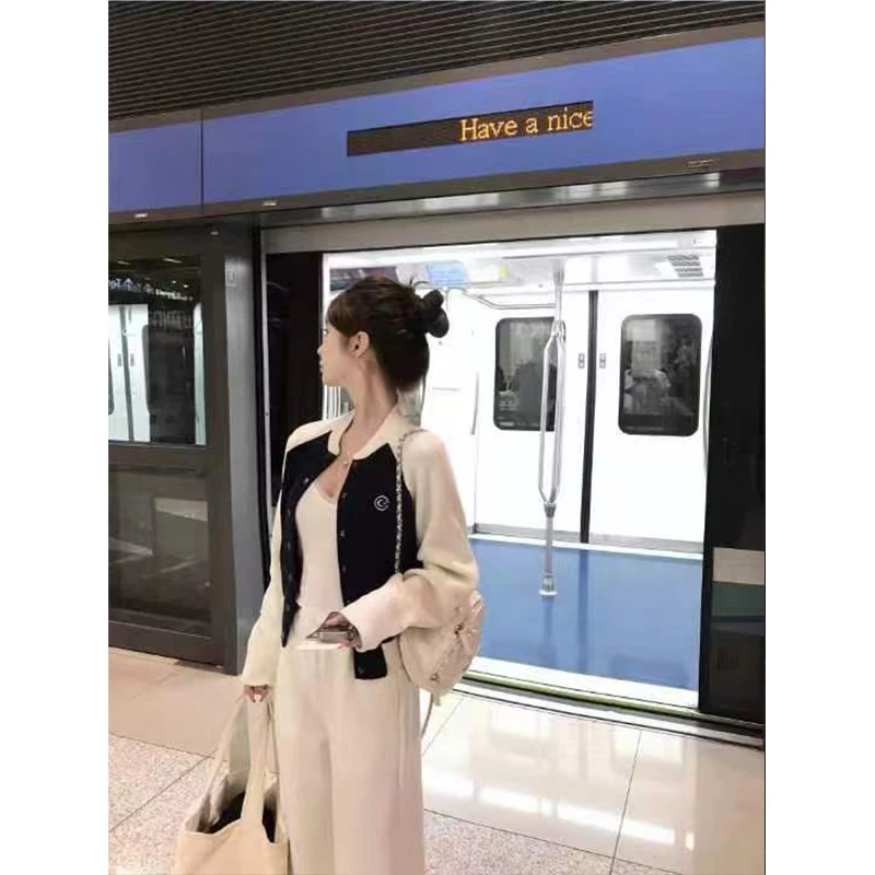 【棒球少女】韩版2024秋冬季新品拼色修身外套上衣内搭长裤三件套