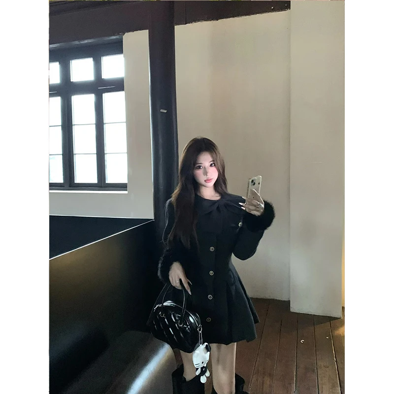 2024年高级感法式千金蝴蝶结收腰毛呢外套气质连衣裙生日裙小香风