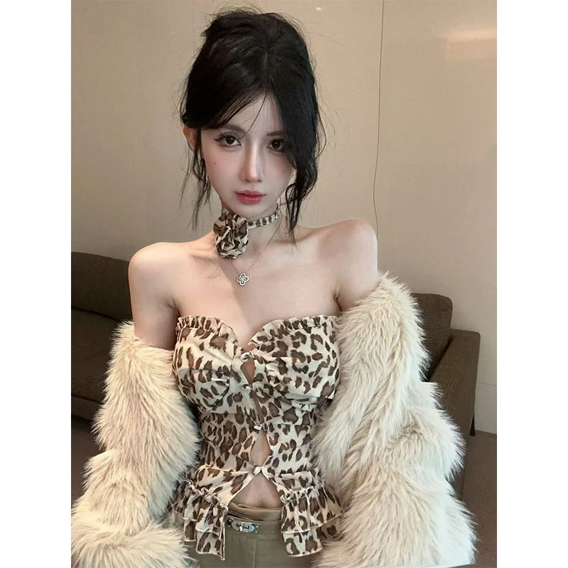 性感辣妹褶皱豹纹印花拼接抹胸荷叶边上衣女百搭短款裙裤两件套