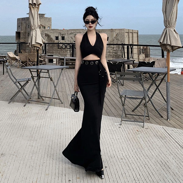 欧美高冷御姐女神范性感挂脖吊带背心上衣气质高腰包臀鱼尾半身裙