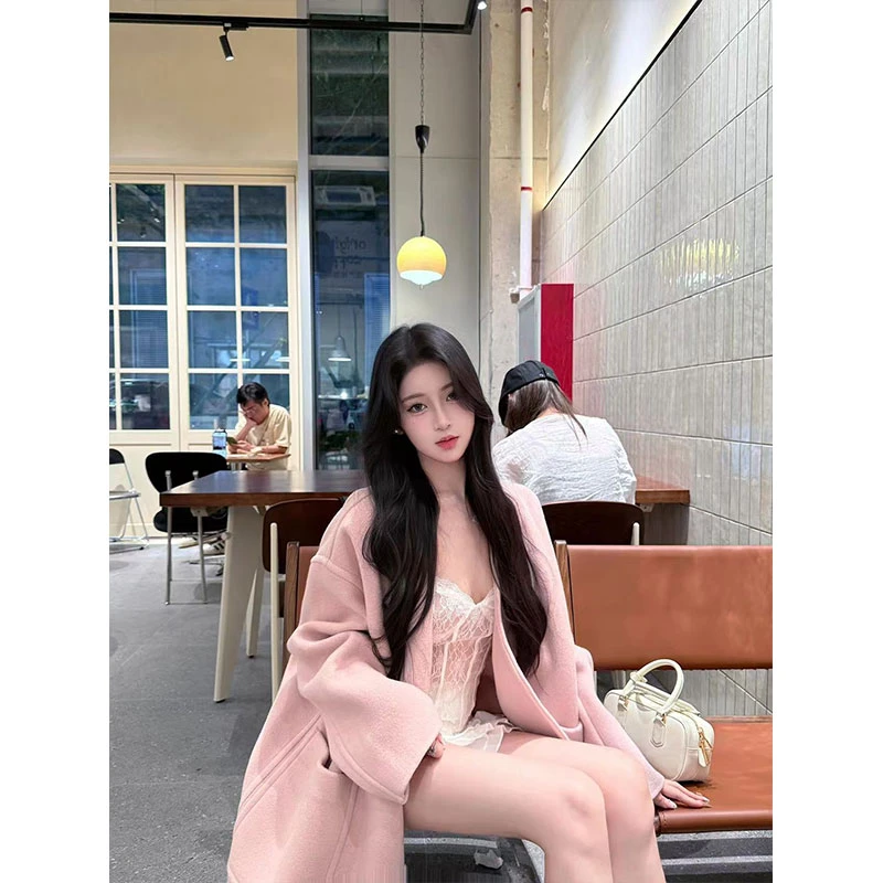 粉色外套大衣辣妹长袖蕾丝喇叭袖打底内搭上衣女百搭半身裙三件套