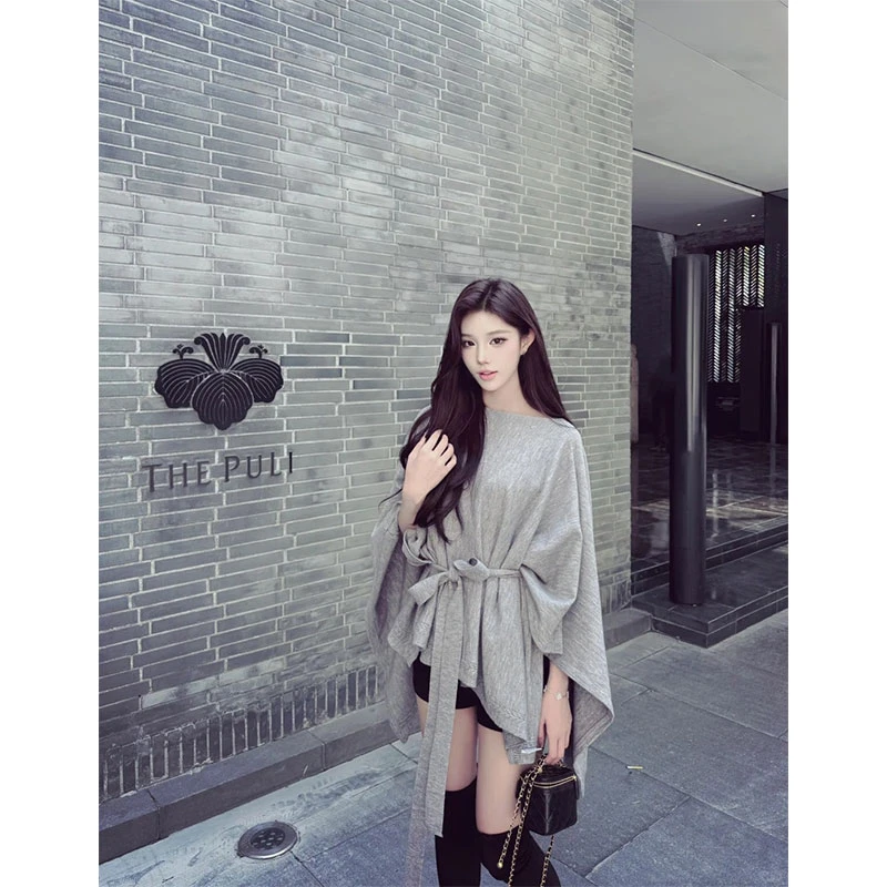 慵懒风~系腰带收腰宽松蝙蝠袖针织开衫披肩外套短款裤子时尚套装