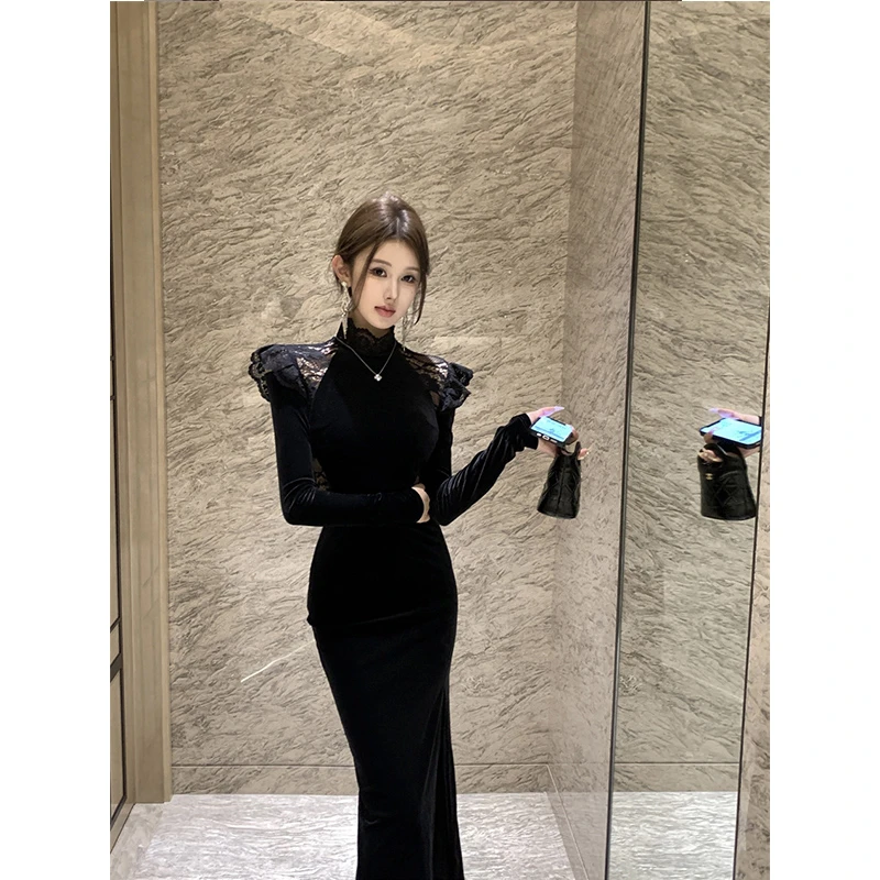 2024秋季新品黑色丝绒蕾丝拼接长袖开叉连衣裙女独特宴会裙子长裙