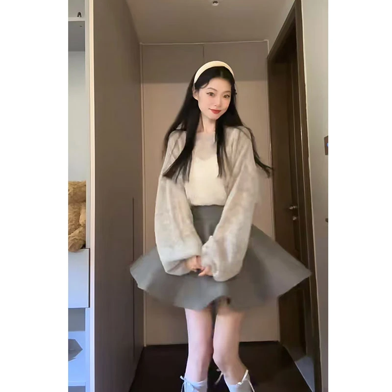 一整套入秋冬季穿搭韩系慵懒风毛衣百搭高腰短款蓬蓬半身裙两件套