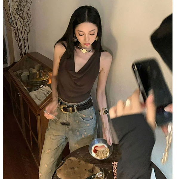 复古新款美式辣妹性感荡领短款吊带背心上衣破洞长款牛仔裤两件套