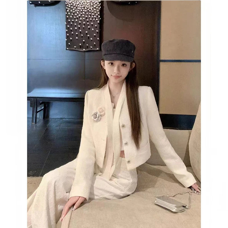 【花漾香榭】法式小香风可拆卸花朵胸针外套上衣高腰牛仔长裤两件套