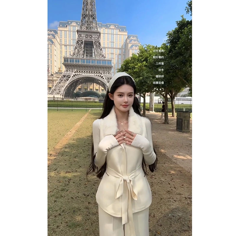 法式小香风毛领拼接无袖收腰系带马甲外套内搭T恤百搭阔腿裤套装