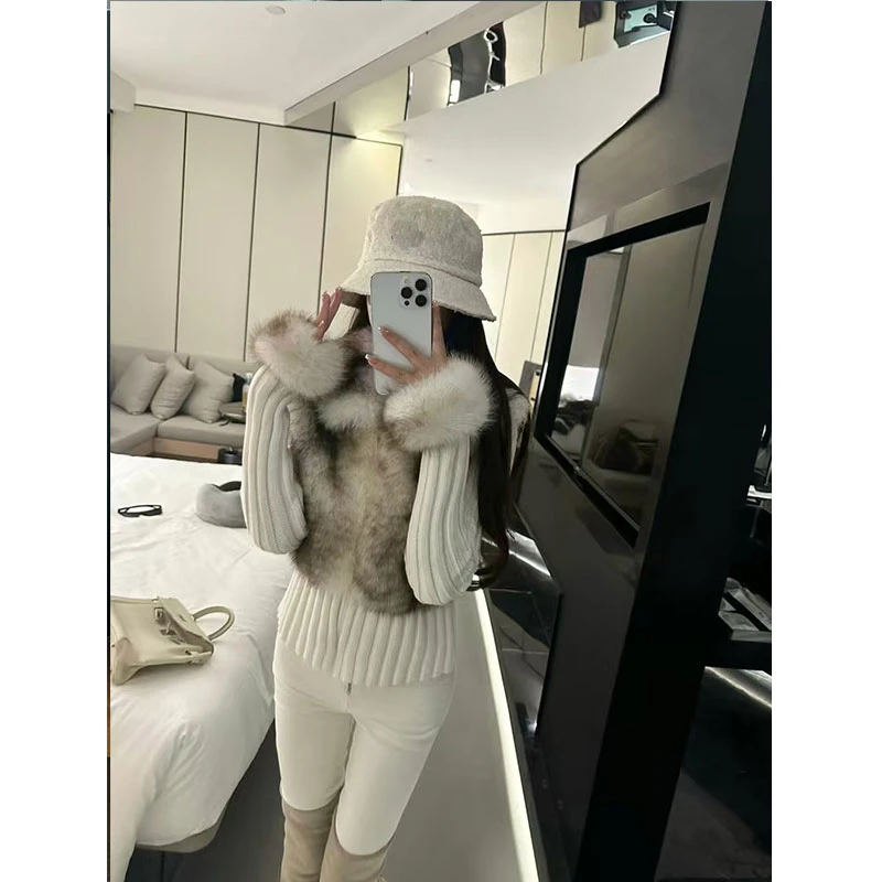 高级感翻领假两件套收腰显瘦设计感小众毛毛外套高腰紧身长裤套装