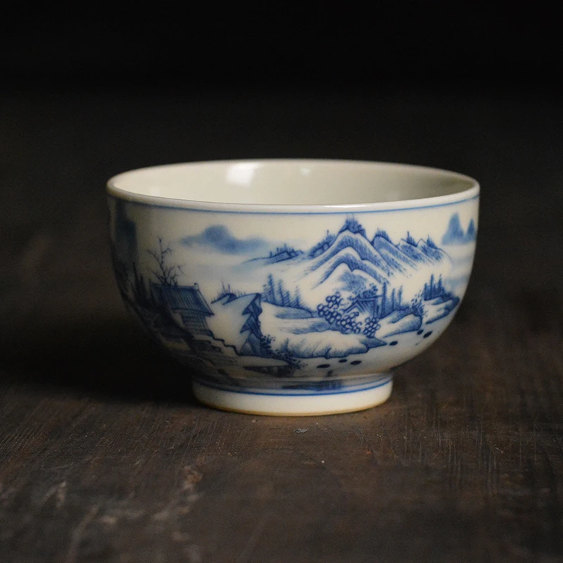 仿古老岩泥釉下彩江山如画山水禅定杯青花山水主人杯