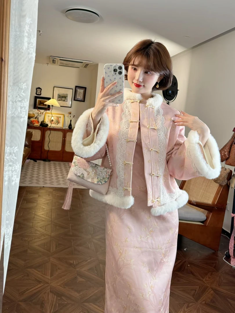 蕾英俊-棠梨雪-冬季国风印花宽松外套+新中式国风连衣裙-JF5553